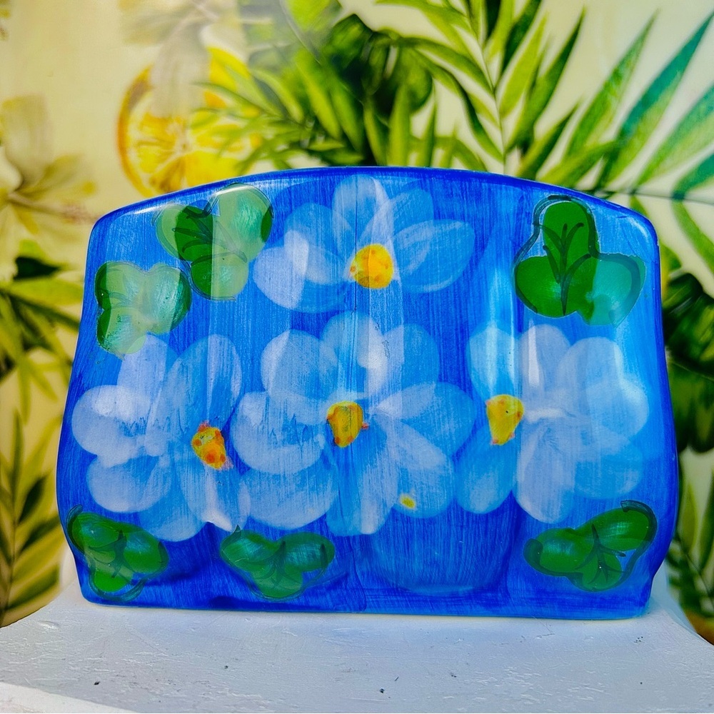 Hand-Painted Ceramic Napkin Holder Blue‎ Floral Cottage Décor - Picture 7 of 9